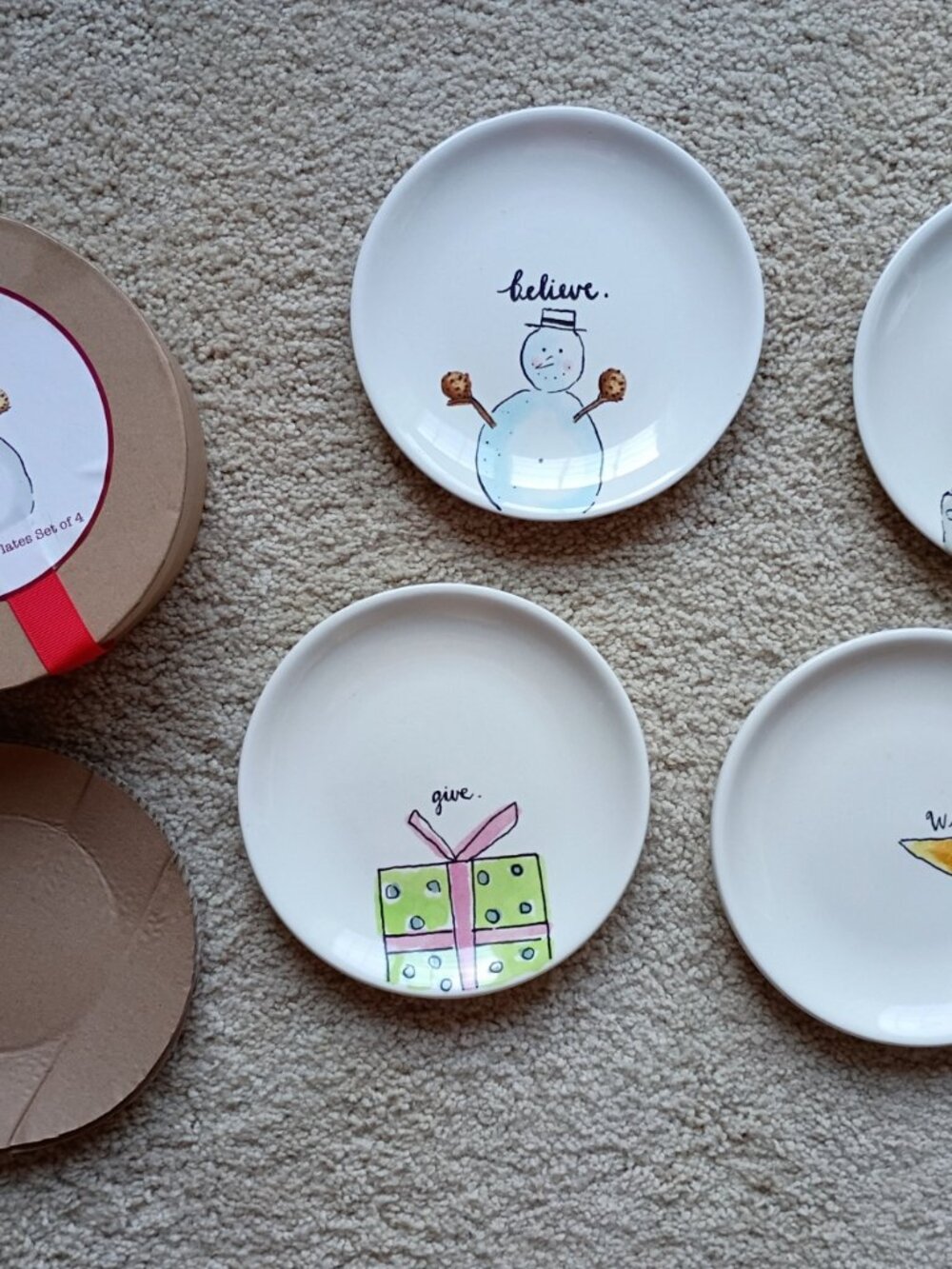 Rae Dunn Magenta Christmas Set of 4 Holiday Snack Plates 6" Believe Wish in Box